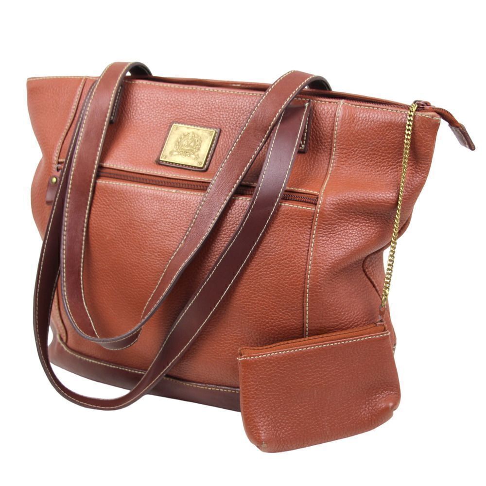VTG MEDALLION BROWN GENUINE LEATHER ZIP SHOULDER BAG HANDBAG TOTE PURSE + POUCH